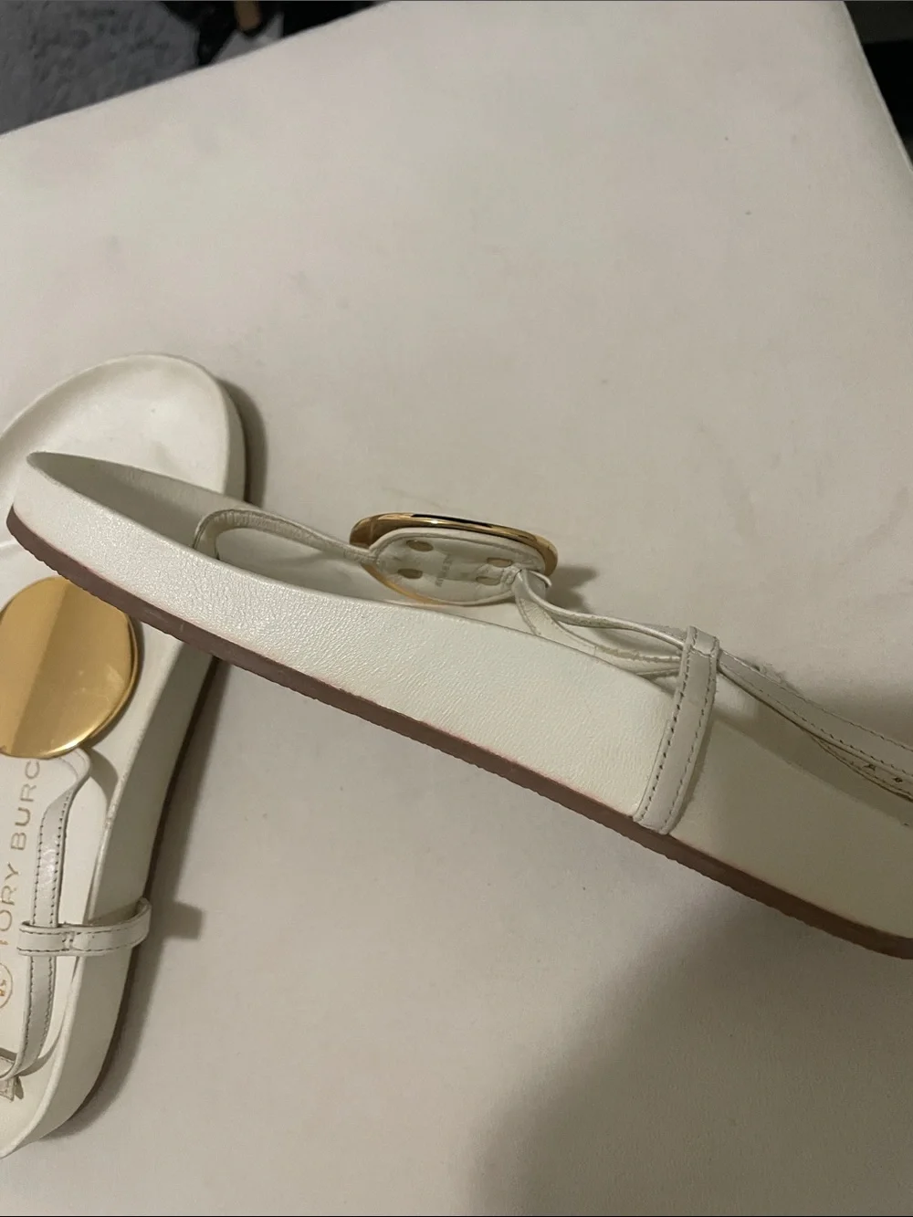 Tory Burch White Leather Thong Sandals with Gold